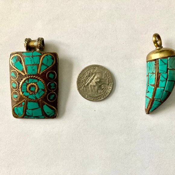 NWT Turquoise & Brass Mosaic Pendants - Picture 2 of 5